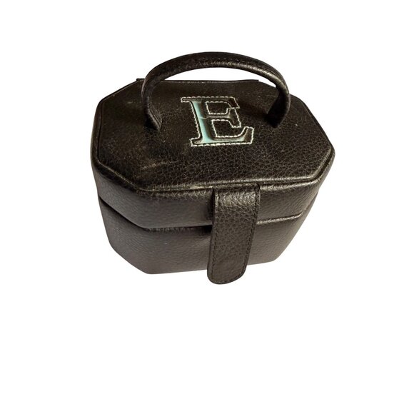 Black Faux Leather Jewelry Box With Mirror & Initial E Monogram - Travel Size 5" - Picture 3 of 9